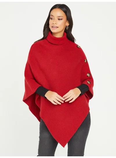 Closet By Styli Knitted Turtle Neck Longline Cape Poncho Sweater Red