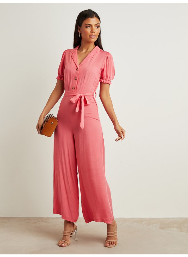 Closet By Styli Button Closure Belted Wide Leg Jumpsuit Pink  - Image 1