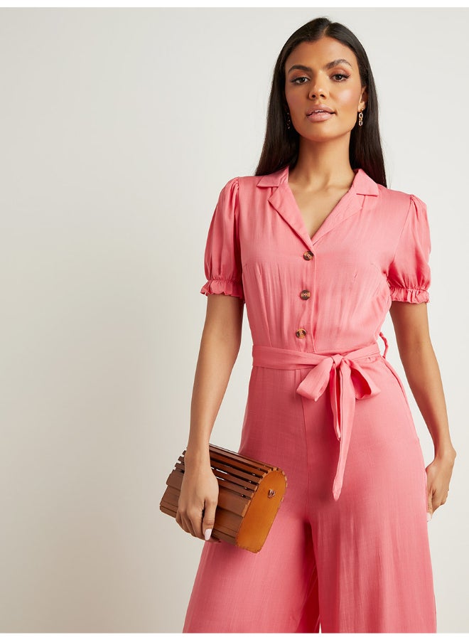 Closet By Styli Button Closure Belted Wide Leg Jumpsuit Pink  - Image 3