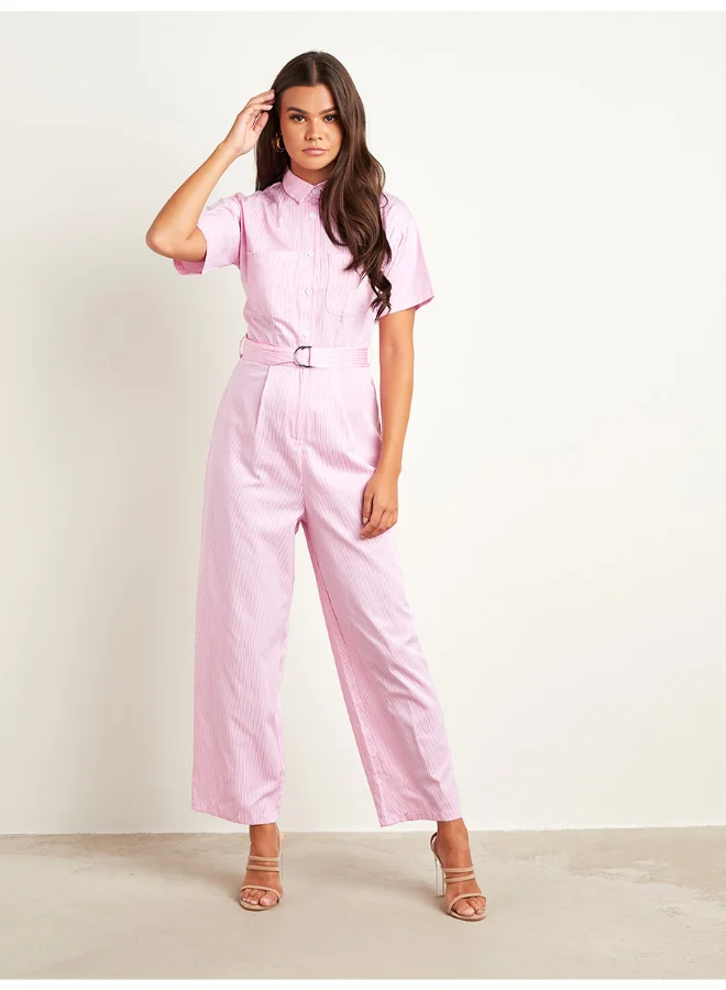 Closet By Styli Striped Straight Leg Belted Jumpsuit Pink