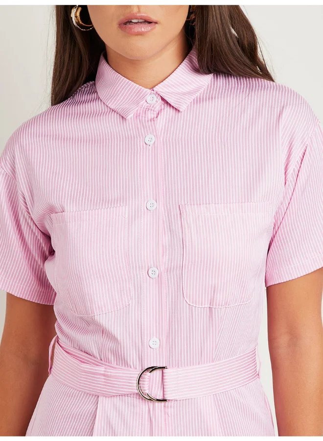 Closet By Styli Striped Straight Leg Belted Jumpsuit Pink