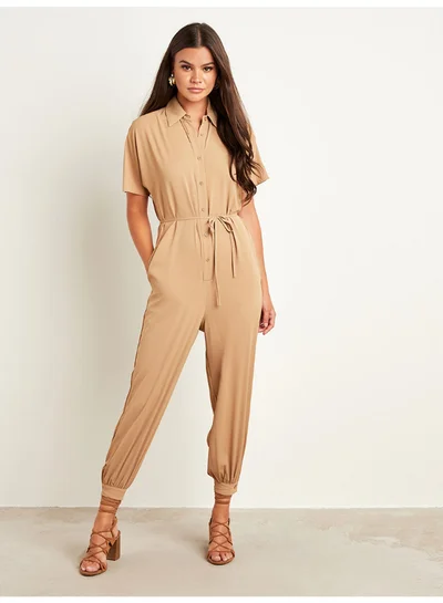 Closet By Styli Plain Button Closure Spread Collar Jumpsuit Tan