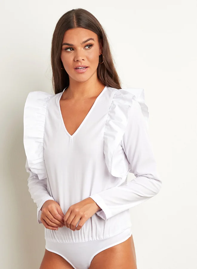 Closet By Styli Solid Ruffled Panel Bodysuit White