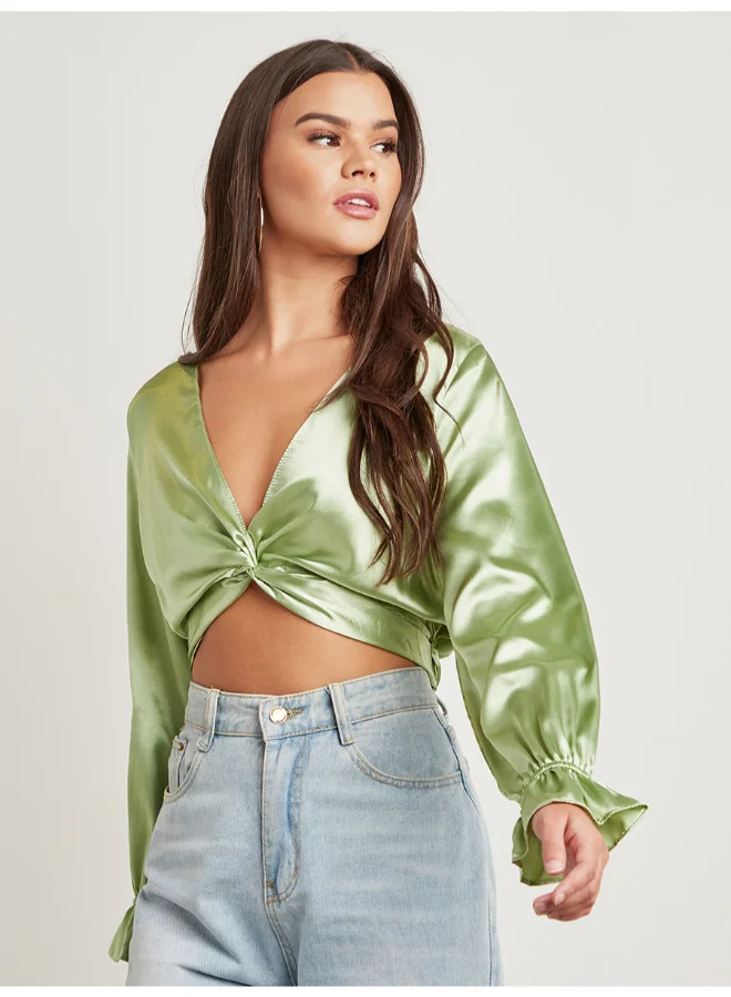 Closet By Styli Twist Front Detail Bell Sleeves Top Green