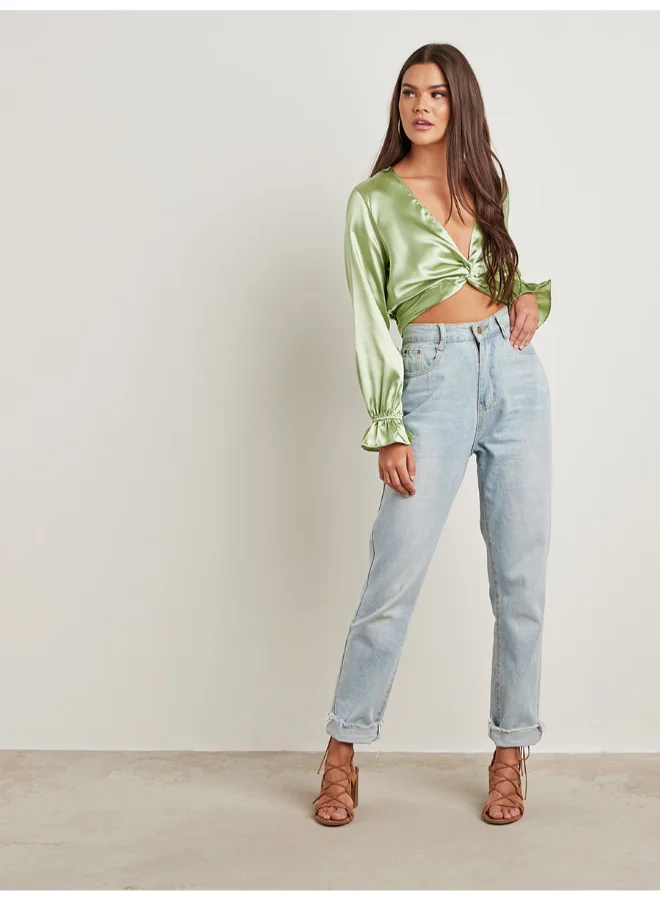 Closet By Styli Twist Front Detail Bell Sleeves Top Green