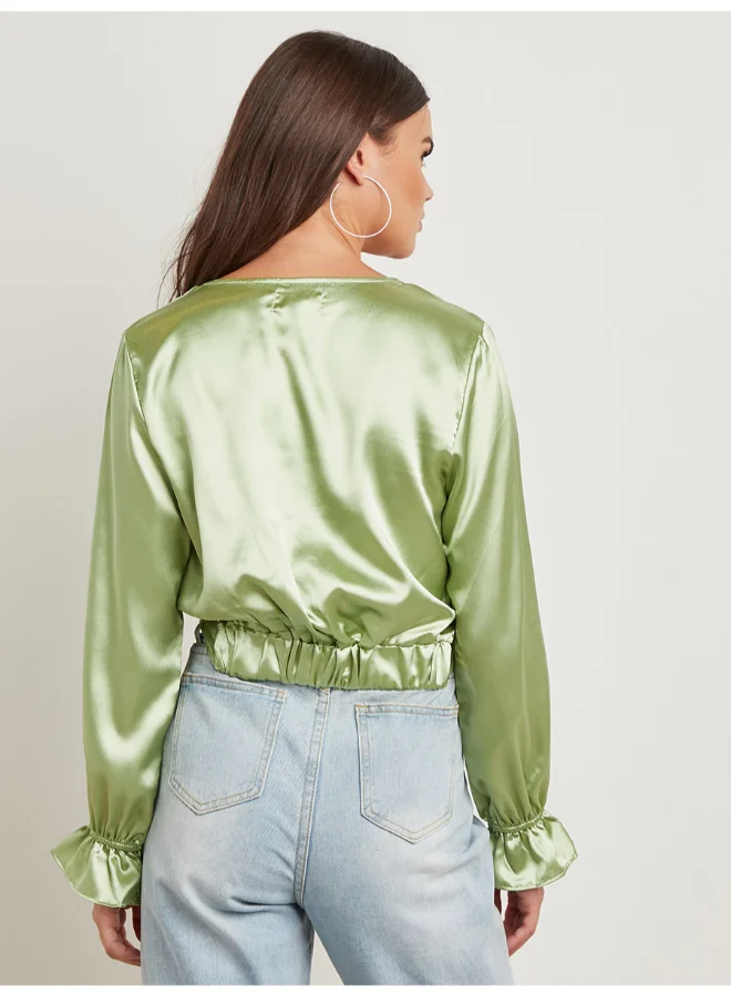 Closet By Styli Twist Front Detail Bell Sleeves Top Green