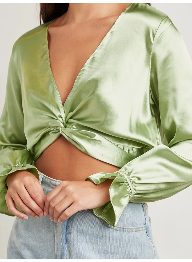 Closet By Styli Twist Front Detail Bell Sleeves Top Green