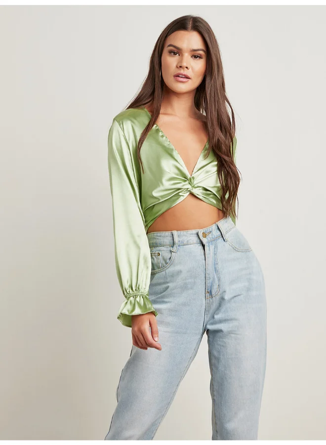 Closet By Styli Twist Front Detail Bell Sleeves Top Green