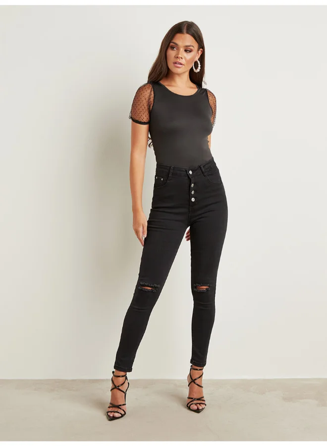 Closet By Styli Polka Dot Printed Crop Top Black