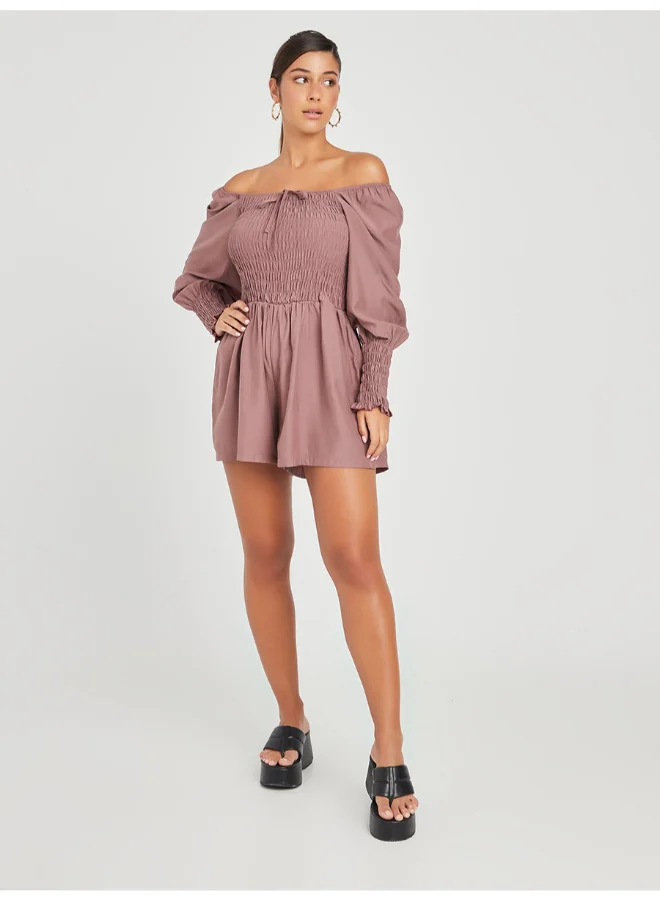 Closet By Styli Shirred Woven Off Shoulder Playsuit Brown