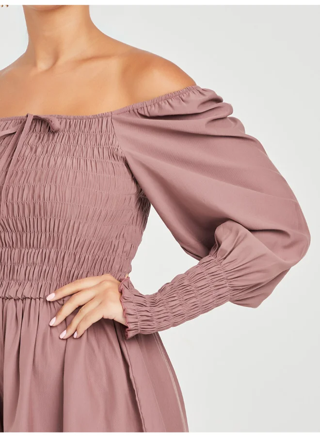 Closet By Styli Shirred Woven Off Shoulder Playsuit Brown
