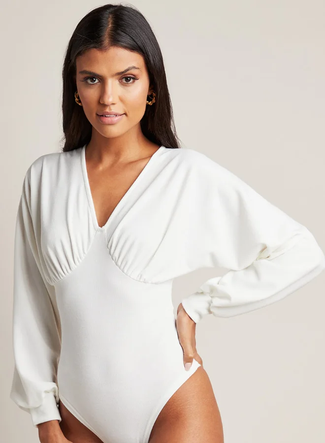 Closet By Styli Balloon Sleeve V-Neck Jersey Bodysuit White
