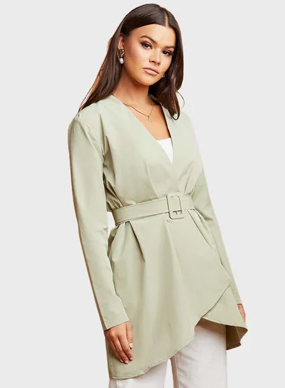 Closet By Styli Buckled Belt Detail Kimono Style Cardigan Green