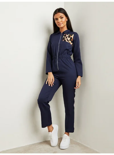 Closet By Styli Contrast Leopard Print Zip Closure Boiler Jumpsuit Navy Blue