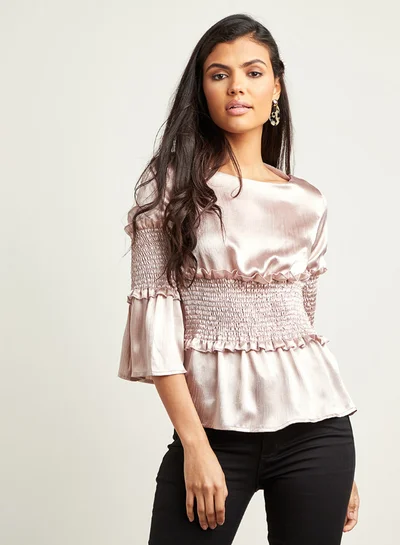 Closet By Styli Plain Shirred Boat Neck Blouse Cream