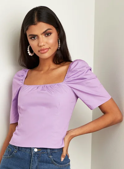 Closet By Styli Puff Sleeves Square Neck Short Slim Fit Top Lilac