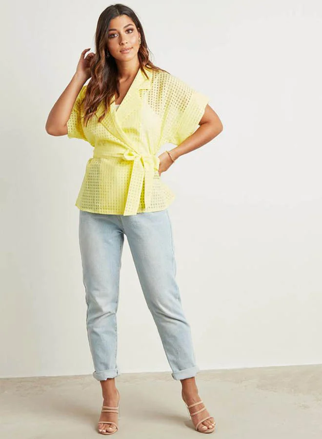 Closet By Styli Checkered Tie-Waist Wrap Top Yellow