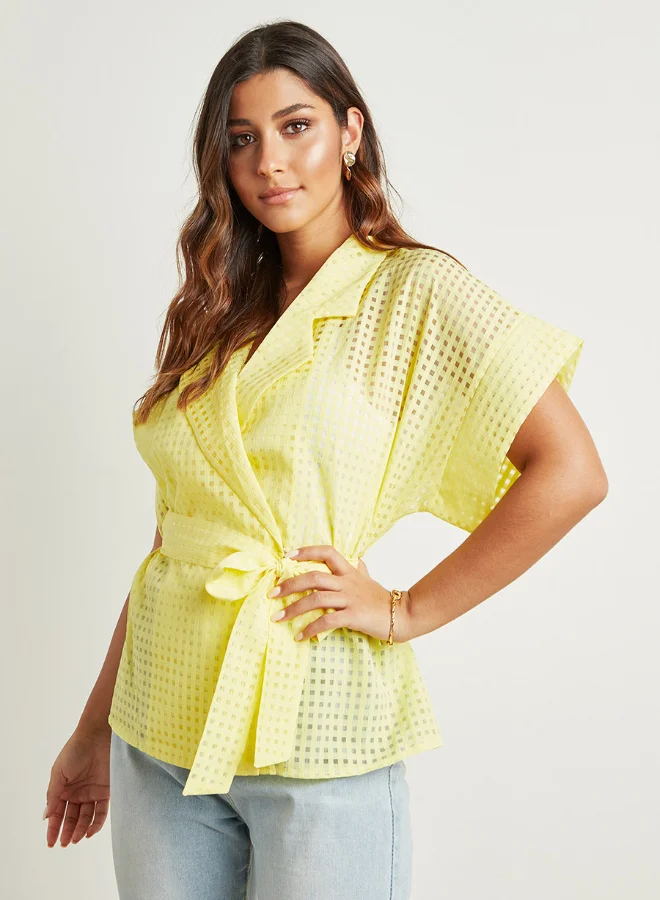 Closet By Styli Checkered Tie-Waist Wrap Top Yellow