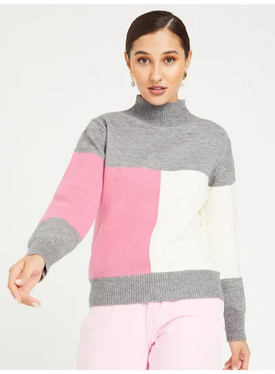 Closet By Styli Colourblocked High Neck Regular Knit Sweater Grey/Pink/White