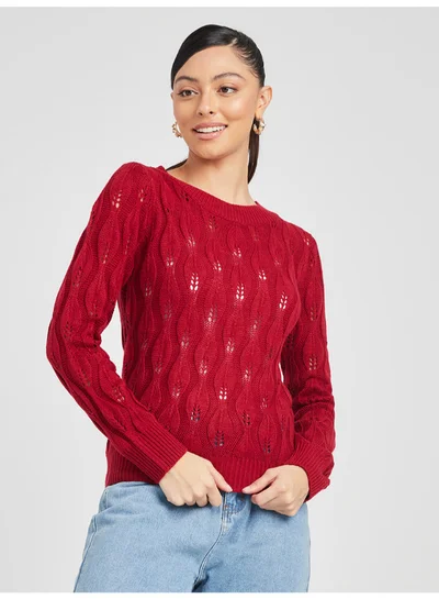 Closet By Styli Long Sleeves Techno Stitch Pattern Textured Knit Sweater Red