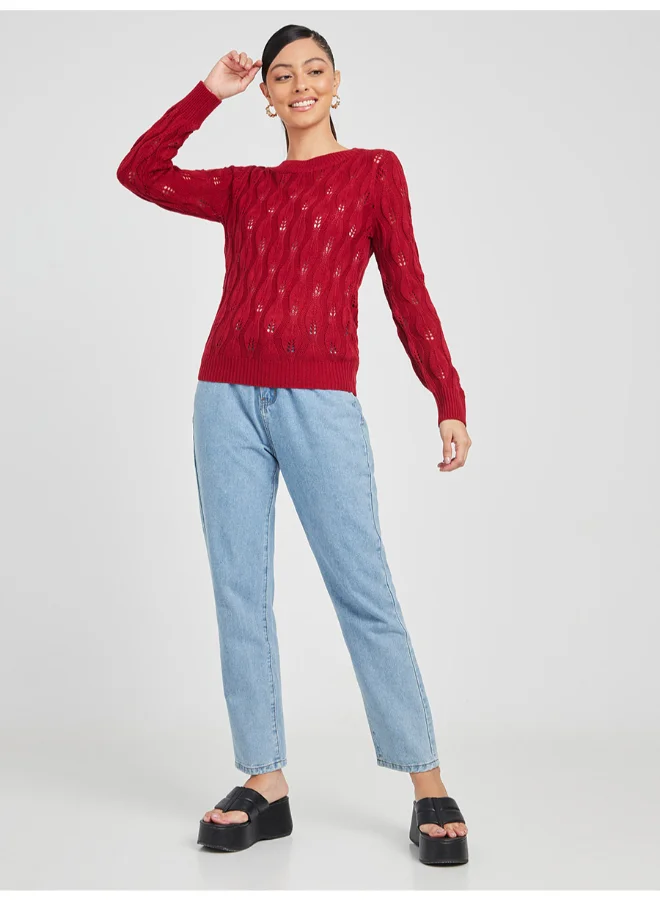 Closet By Styli Long Sleeves Techno Stitch Pattern Textured Knit Sweater Red