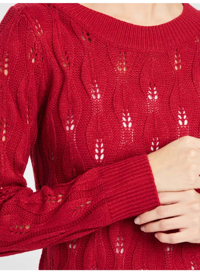 Closet By Styli Long Sleeves Techno Stitch Pattern Textured Knit Sweater Red