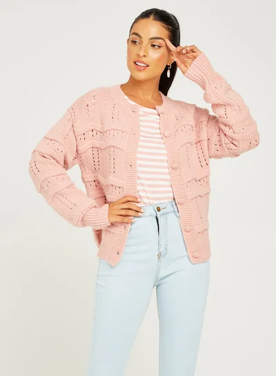 Closet By Styli Long Sleeves Textured Button Through Knitted Cardigan Pink