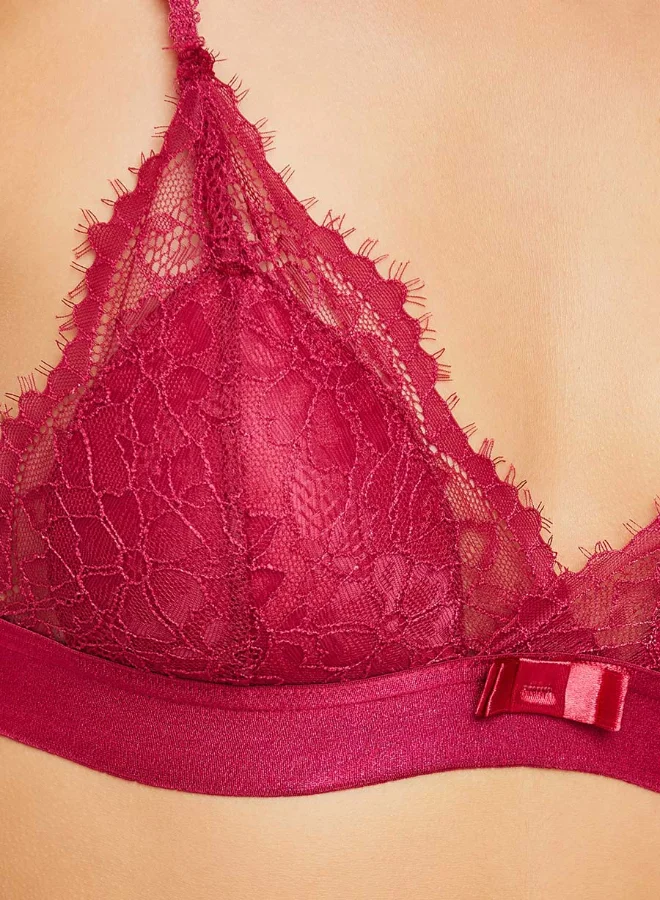 Closet By Styli Padded Non Wired Scallop Lace Cup Bow Detail Bra Red