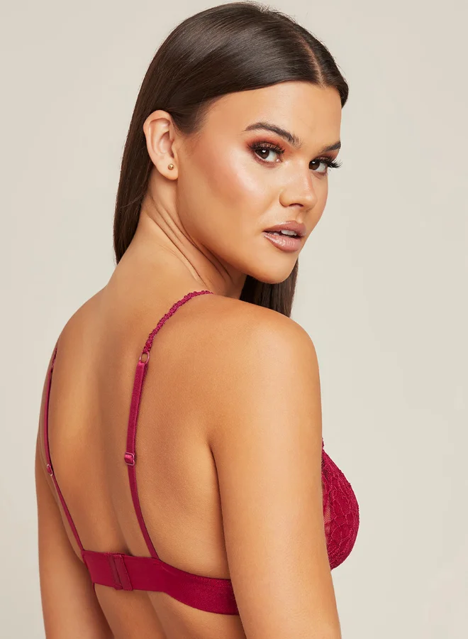 Closet By Styli Padded Non Wired Scallop Lace Cup Bow Detail Bra Red