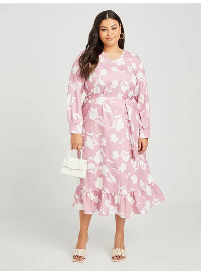 Closet By Styli Floral Printed Tie-Waist Midi Dress Plus Size Pink/White