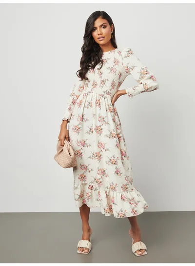 Closet By Styli Floral Print A-Line Midi Dress White/Red/Green