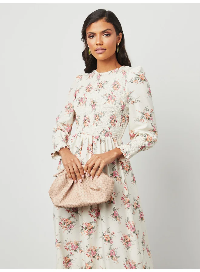 Closet By Styli Floral Print A-Line Midi Dress White/Red/Green