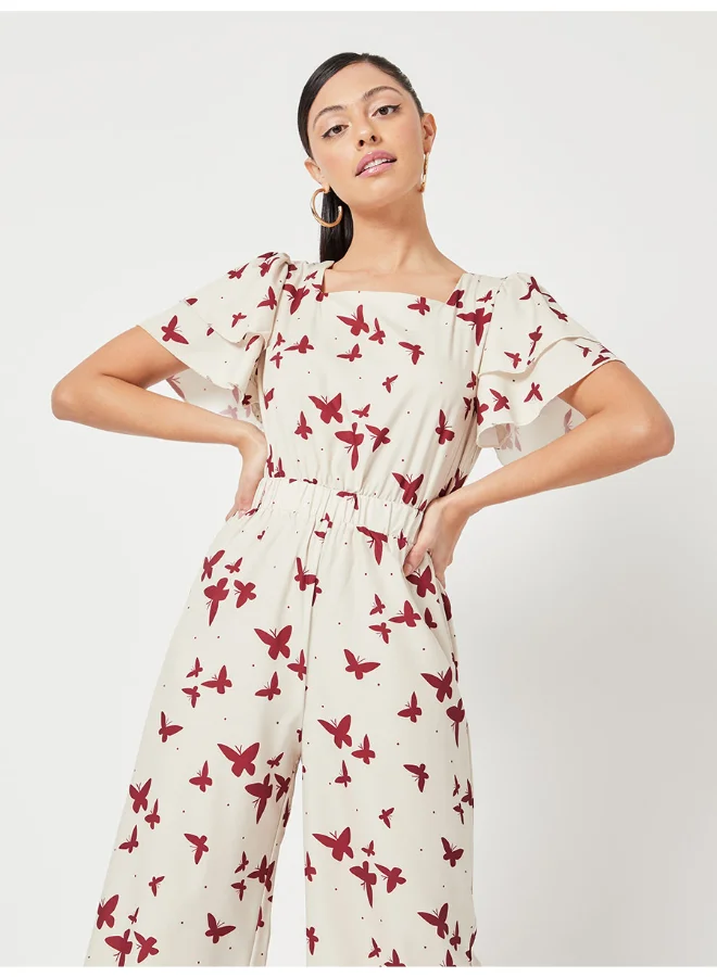Closet By Styli Butterfly Print Layered Sleeve Wide Leg Woven Jumpsuit Beige/Maroon