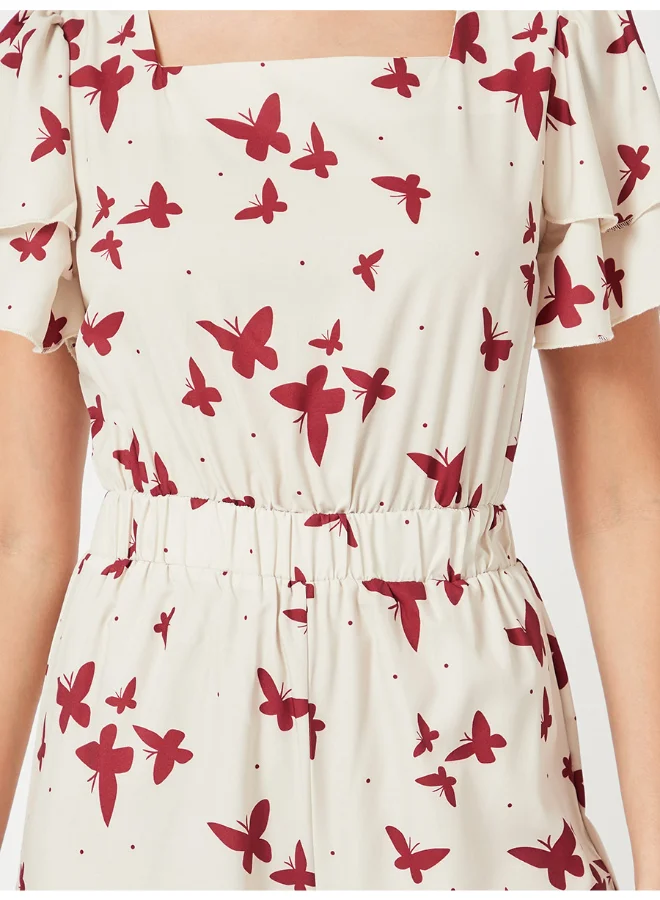 Closet By Styli Butterfly Print Layered Sleeve Wide Leg Woven Jumpsuit Beige/Maroon