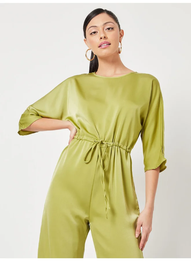 Closet By Styli Drawstring Waist Detail Wide Leg Jumpsuit Green
