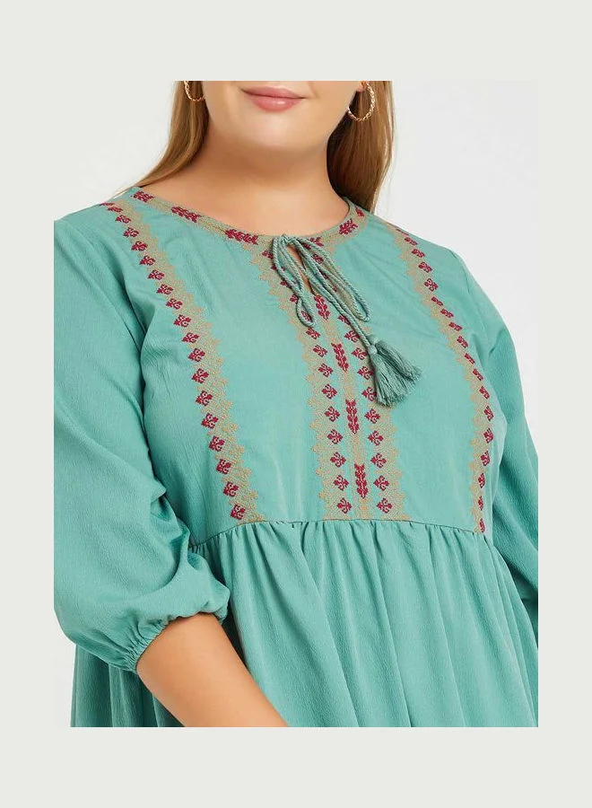 Closet By Styli Embroidered Round Neck Midi Dress Green