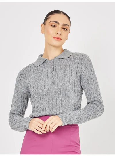 Closet By Styli Button Closure Long Sleeves Cable Knit Collared Sweater Grey