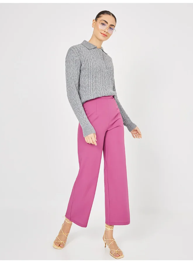 Closet By Styli Button Closure Long Sleeves Cable Knit Collared Sweater Grey