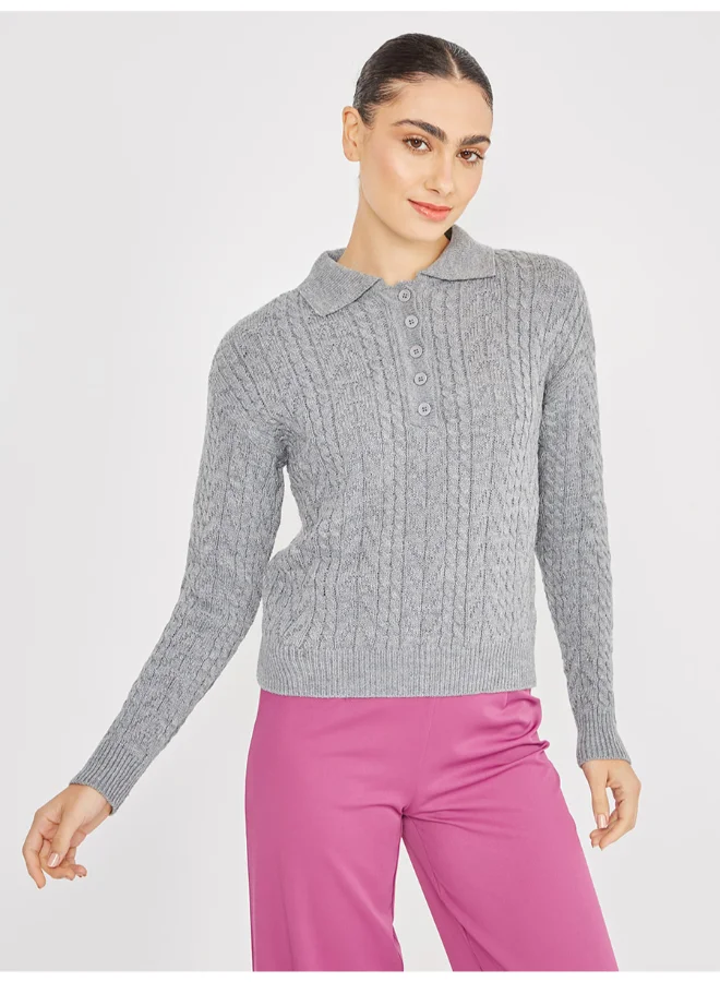 Closet By Styli Button Closure Long Sleeves Cable Knit Collared Sweater Grey