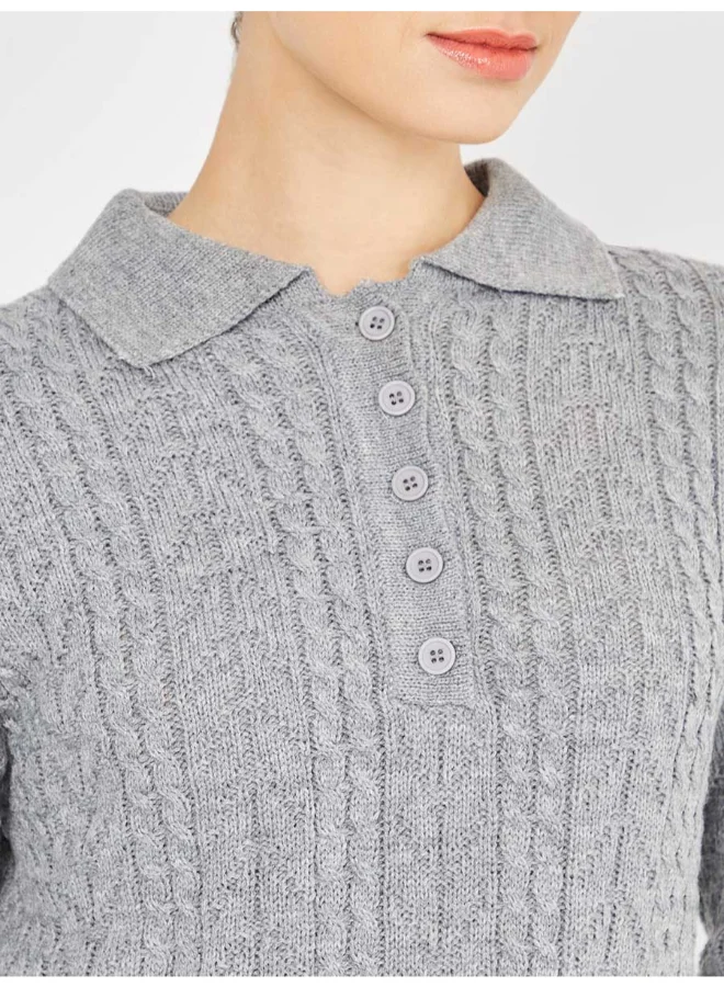 Closet By Styli Button Closure Long Sleeves Cable Knit Collared Sweater Grey