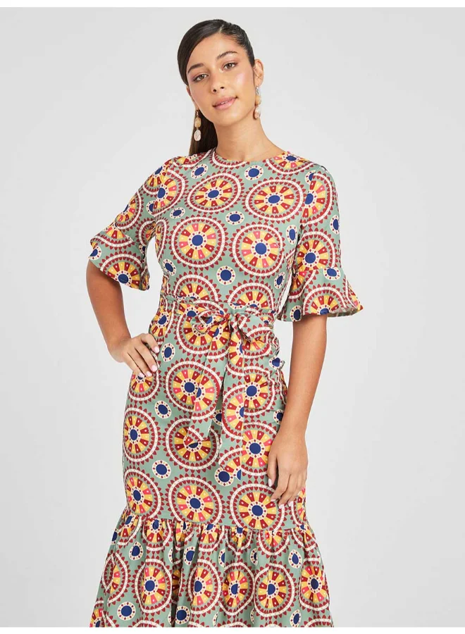 Closet By Styli Printed Tiered A-Line Midi Dress Multicolour