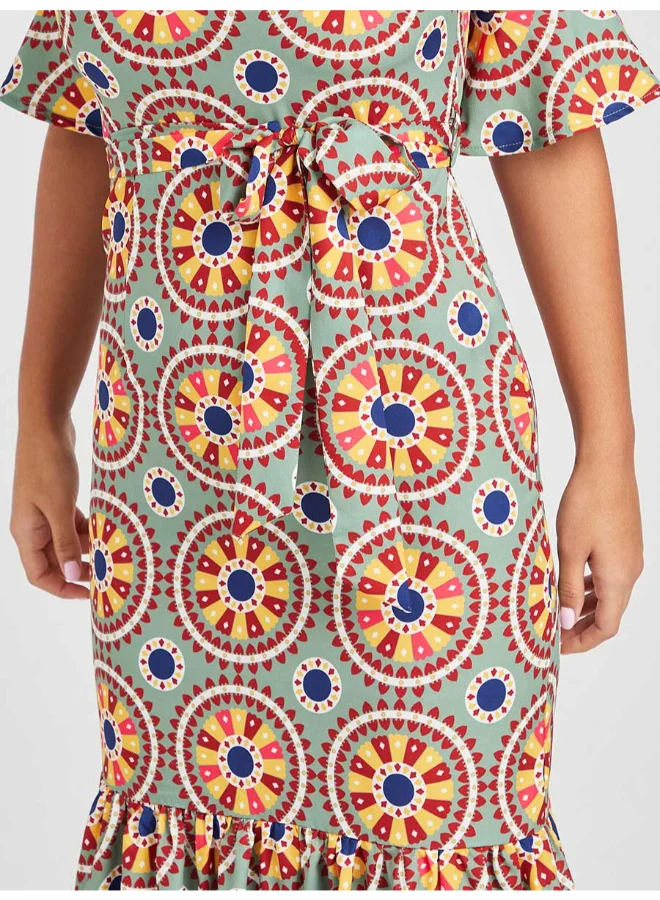 Closet By Styli Printed Tiered A-Line Midi Dress Multicolour