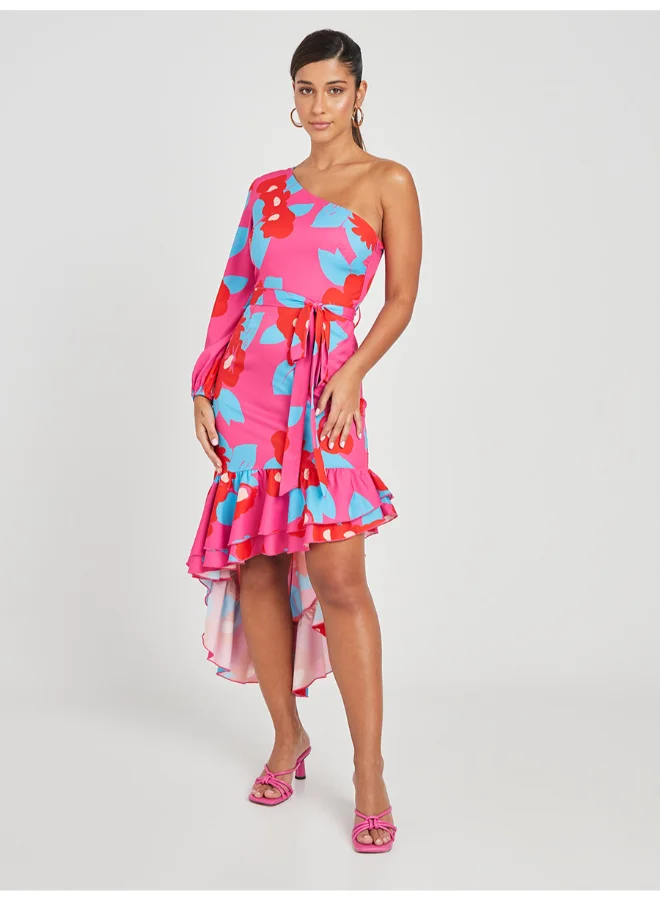 Closet By Styli One Shoulder Print Ruffle Hem Asymmetric Dress Multicolour