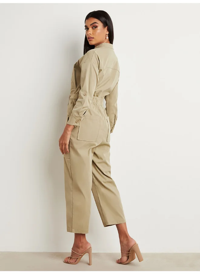 Closet By Styli Side Adjuster Detail Roll-Up Sleeve Jumpsuit Khaki