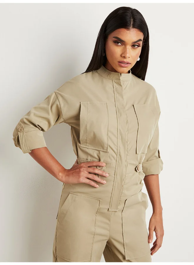 Closet By Styli Side Adjuster Detail Roll-Up Sleeve Jumpsuit Khaki