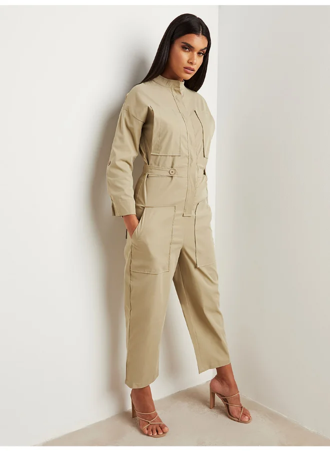 Closet By Styli Side Adjuster Detail Roll-Up Sleeve Jumpsuit Khaki
