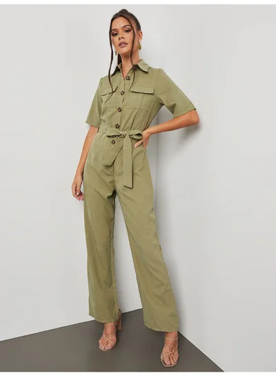 Closet By Styli Button Detail Collared Neck Straight Leg Jumpsuit Khaki