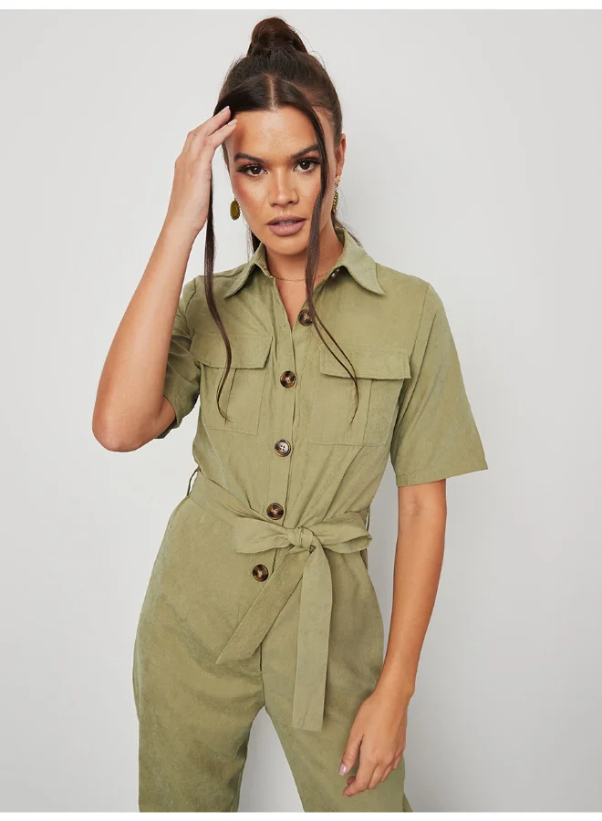 Closet By Styli Button Detail Collared Neck Straight Leg Jumpsuit Khaki
