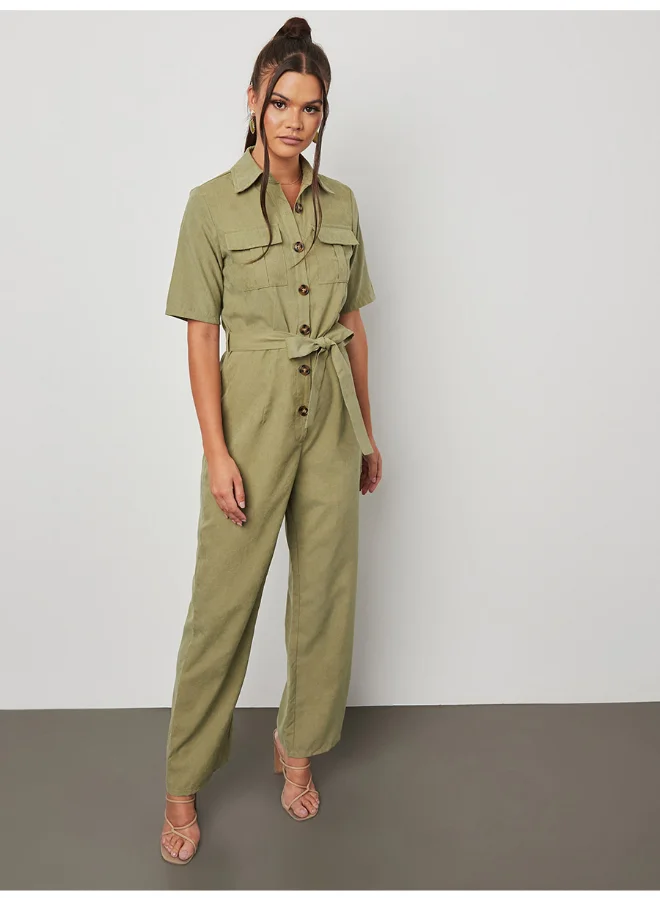 Closet By Styli Button Detail Collared Neck Straight Leg Jumpsuit Khaki