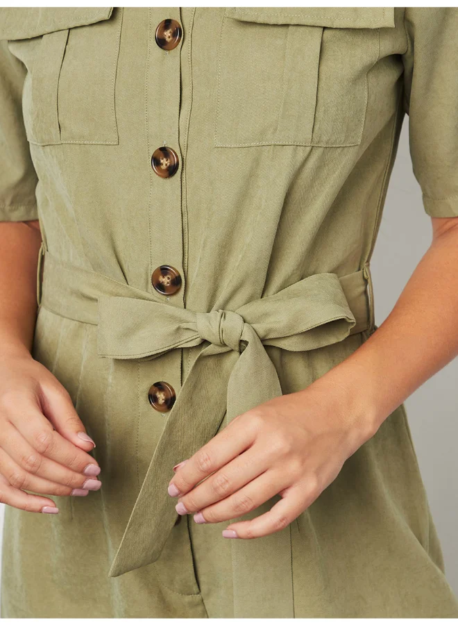 Closet By Styli Button Detail Collared Neck Straight Leg Jumpsuit Khaki
